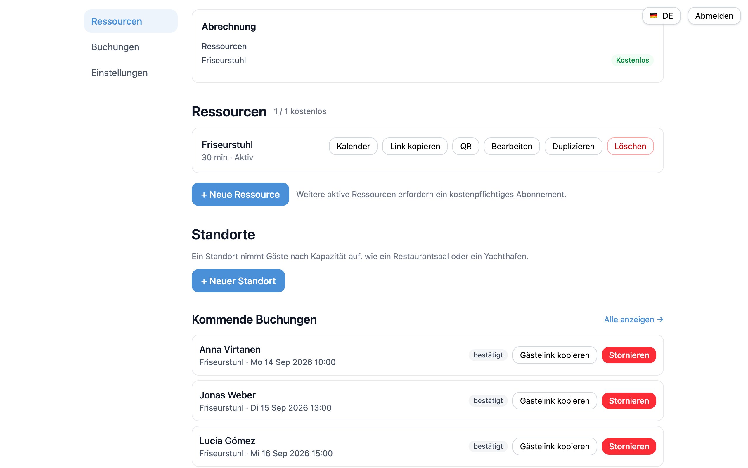 Das openslot-Dashboard mit anstehenden Buchungen