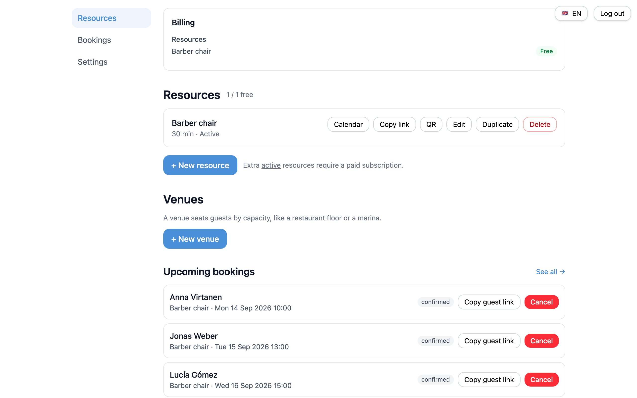 The openslot owner dashboard with upcoming bookings