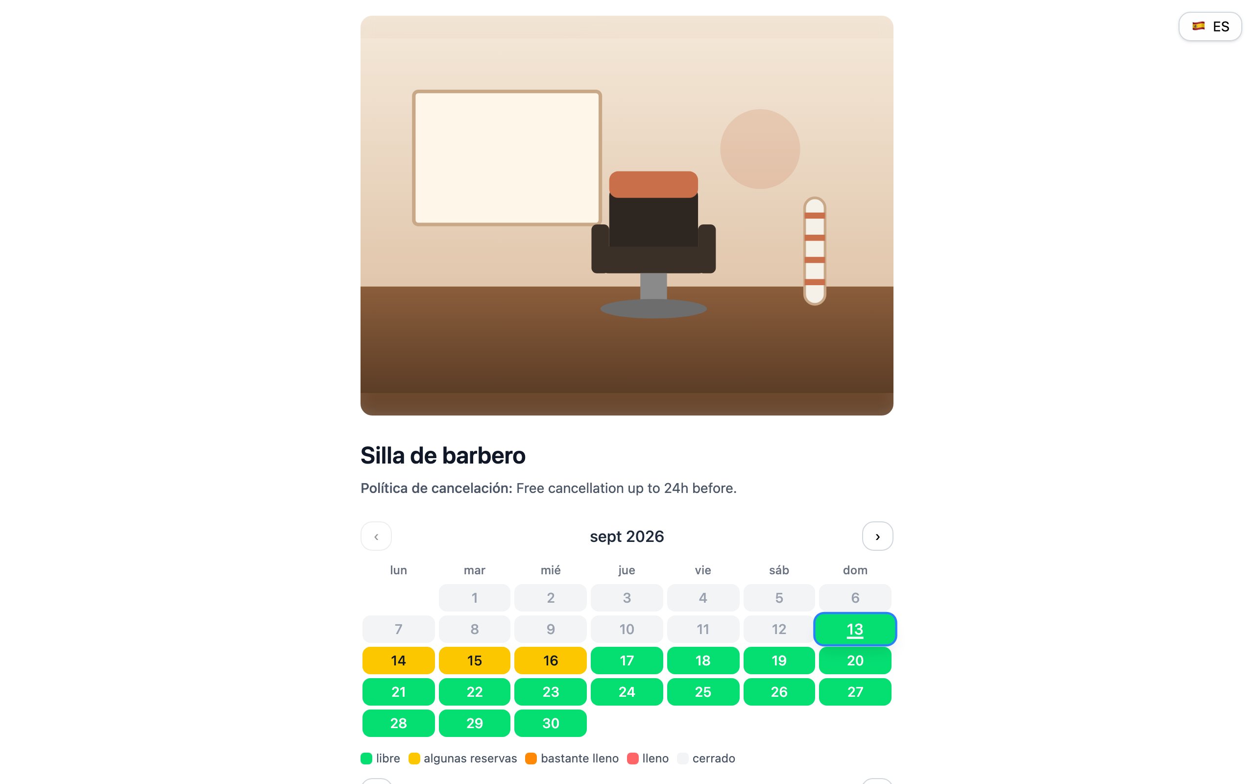 La página pública de reservas de openslot para una silla de barbero con un calendario mensual de días disponibles