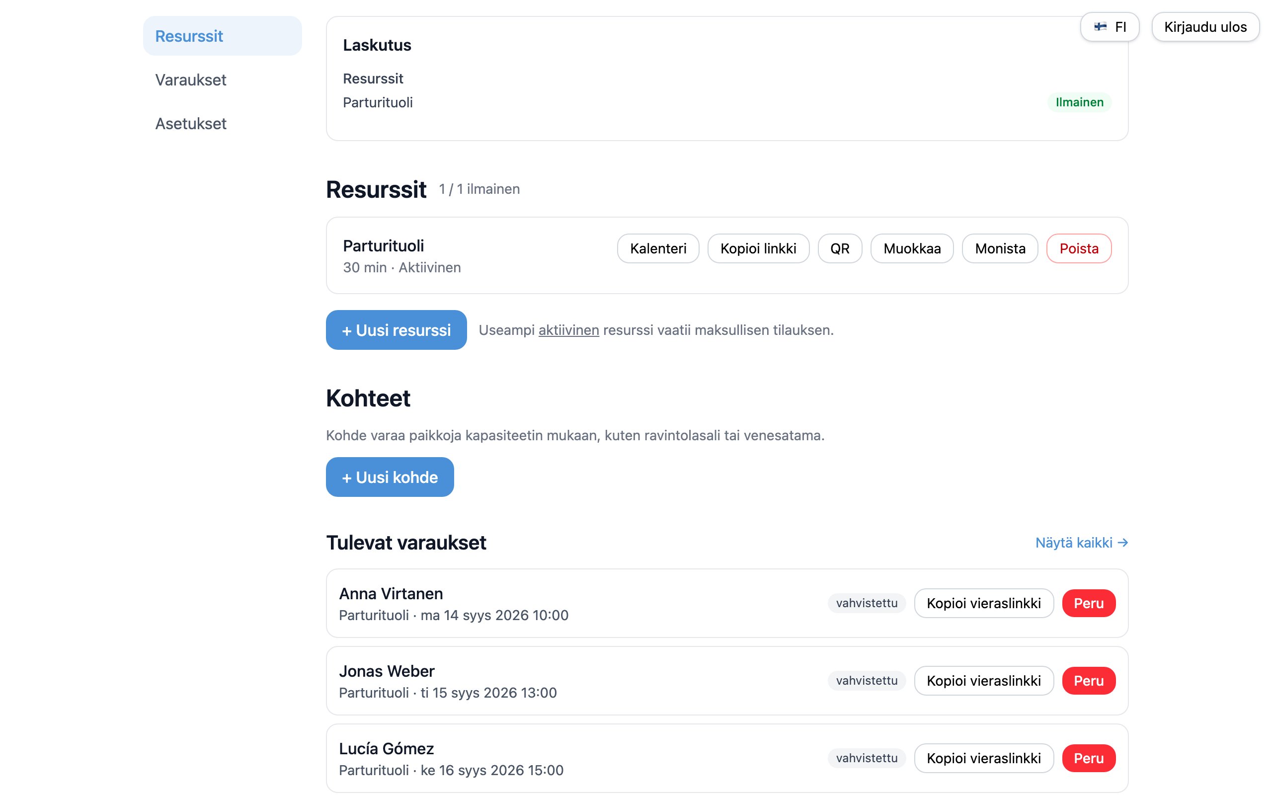 openslotin omistajan hallintanäkymä tulevine varauksineen